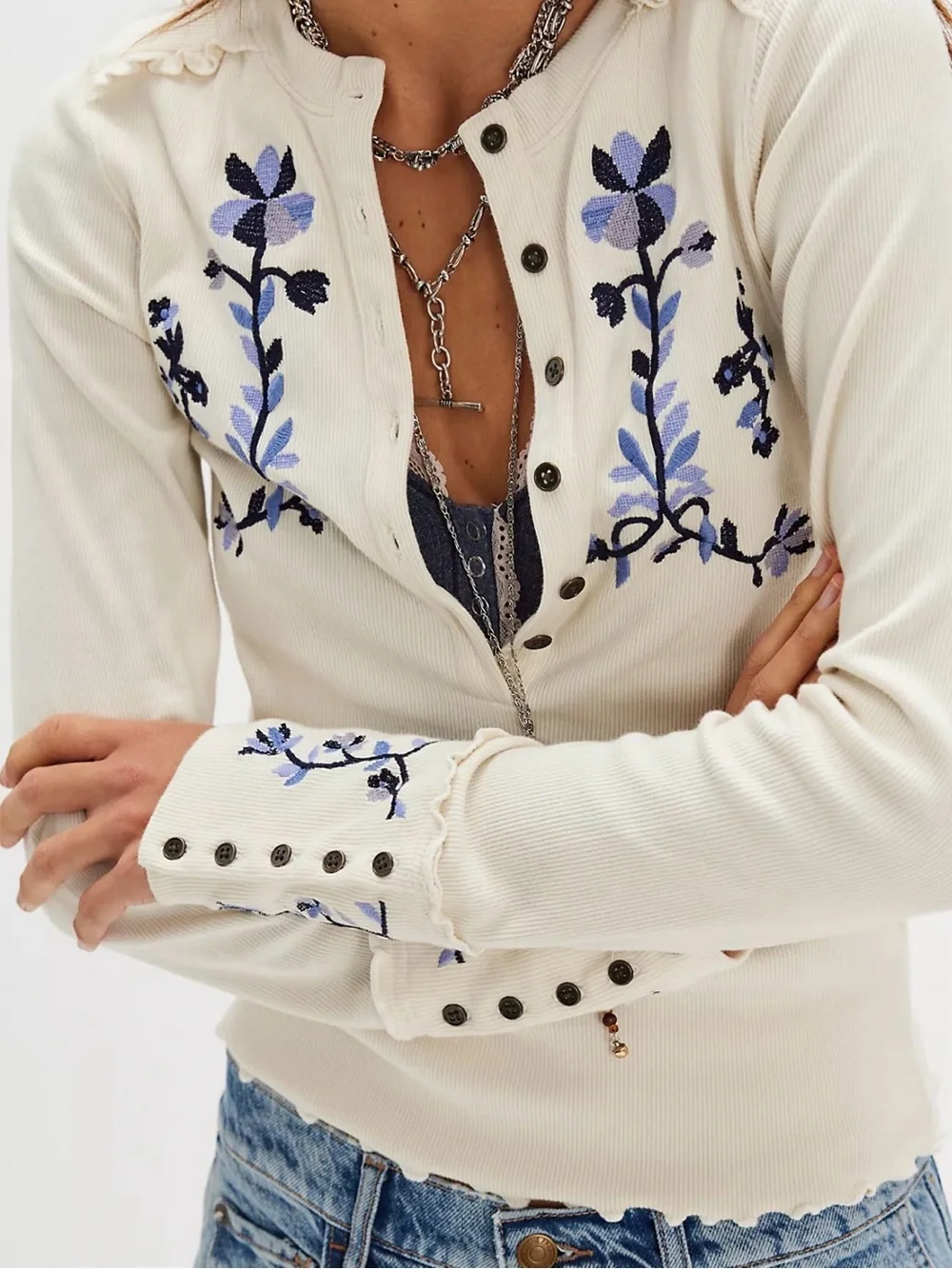 Free People Fleur Embroidered Cuff Henley size Small